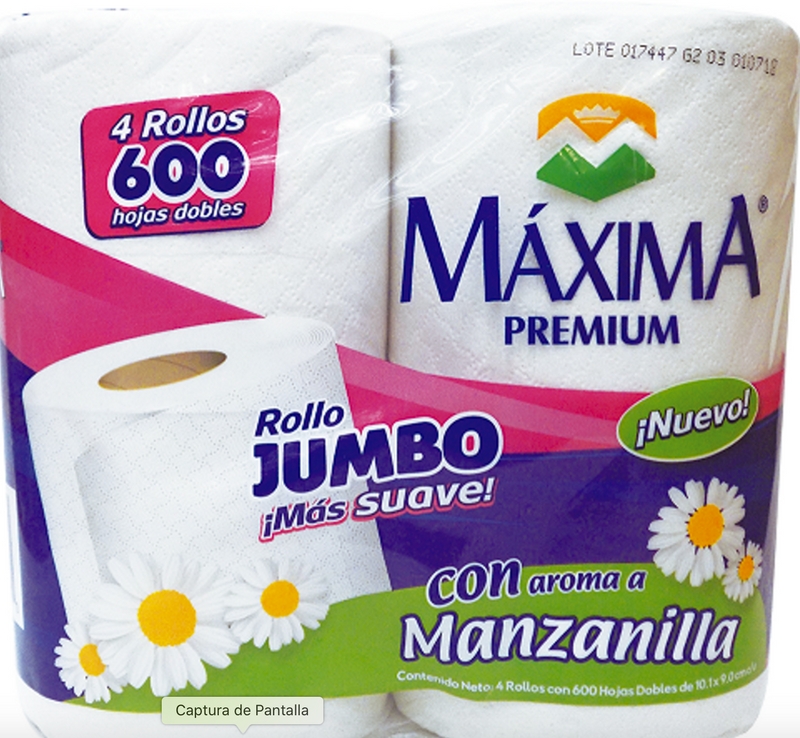 Papel Higienico Maxima premium manzanilla 4pz 400 hojas