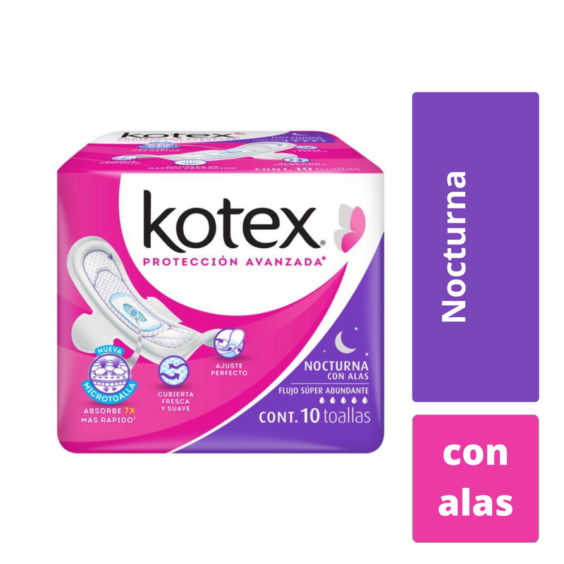 Toalla Femenina Kotex Proteccion avanzada  Nocturna con/alas Cont. 10pz.