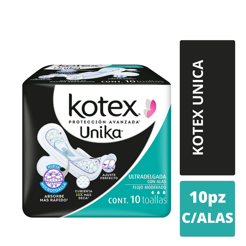 Toalla Femenina Kotex unika ultradelgadas con/alas Cont. 10pz.