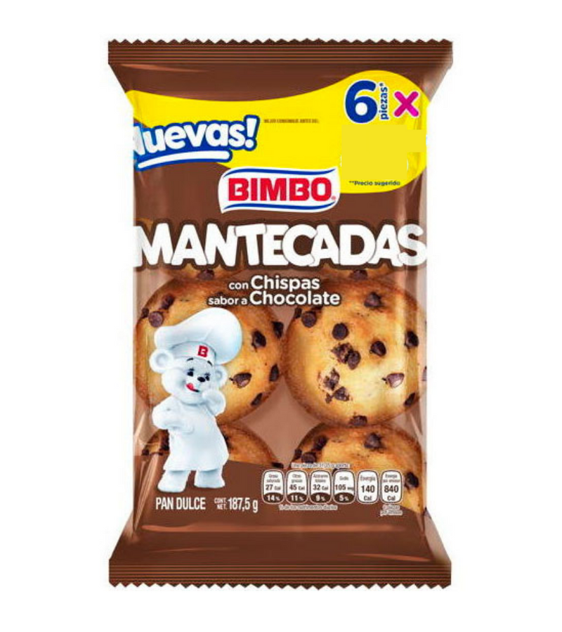 Mantecadas con chispas de chocolate Bimbo 6 pz Cont. 190.5 gr.