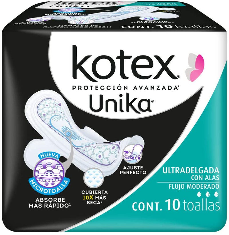 Toalla Femenina Kotex unika ultradelgadas con/alas Cont. 10pz.
